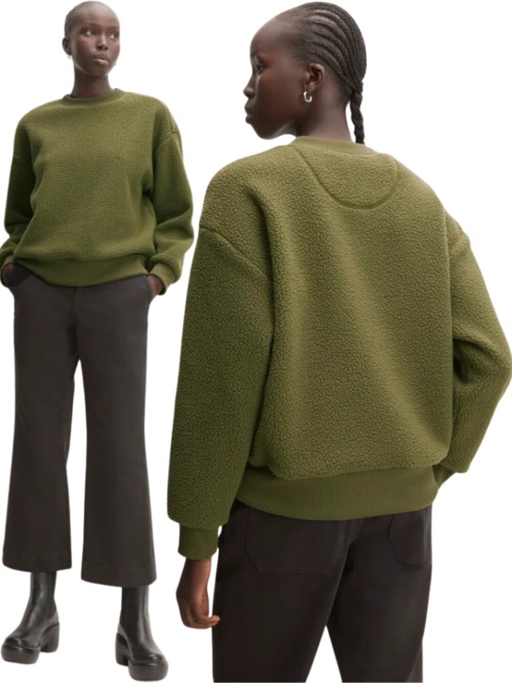 Everlane The ReNew Fleece Oversized Crew Sweatshirt Women's Small Olive Teddy
